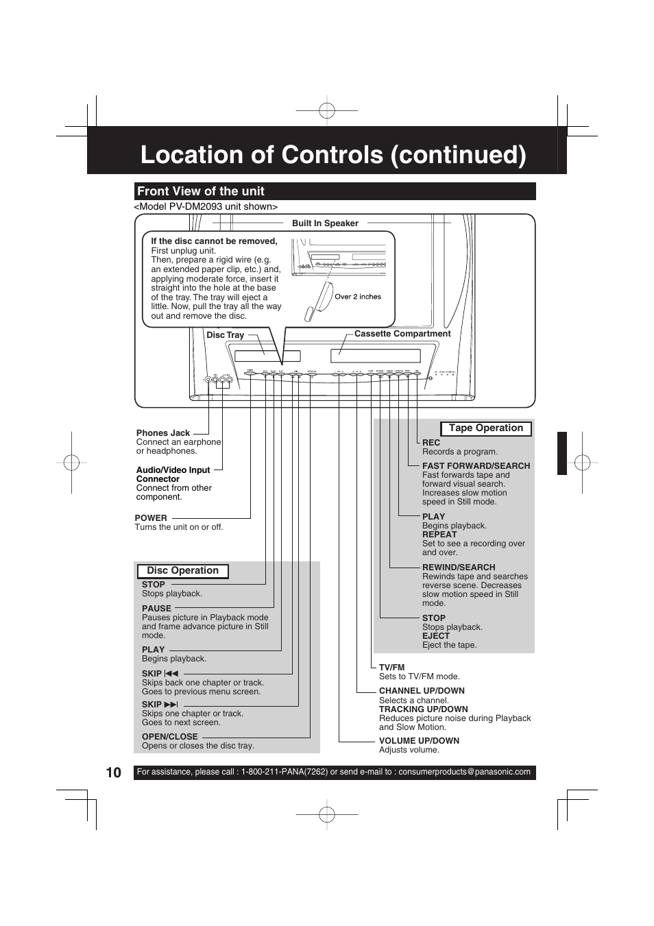 Location of controls (continued), Front view of the unit | Panasonic PV DM2093 User Manual | Page 10 / 76