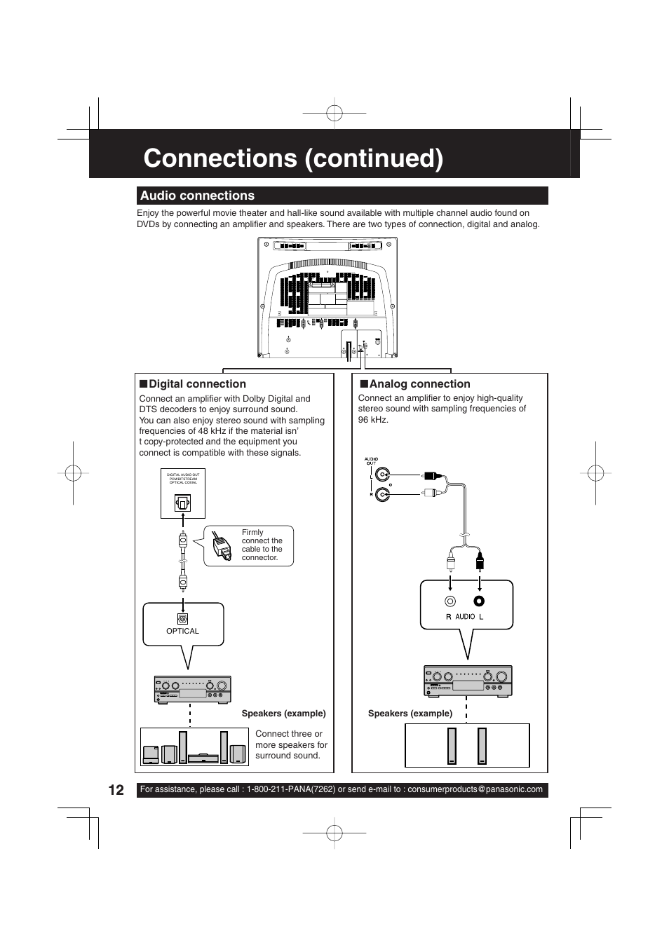 Connections (continued), Audio connections | Panasonic PV DM2093 User Manual | Page 12 / 76