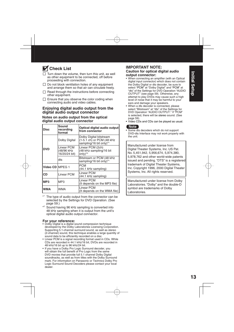 Initial setup, Check list | Panasonic PV DM2093 User Manual | Page 13 / 76