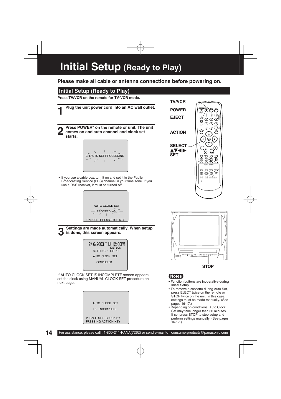 Initial setup (ready to play), Initial setup, Ready to play) | Panasonic PV DM2093 User Manual | Page 14 / 76