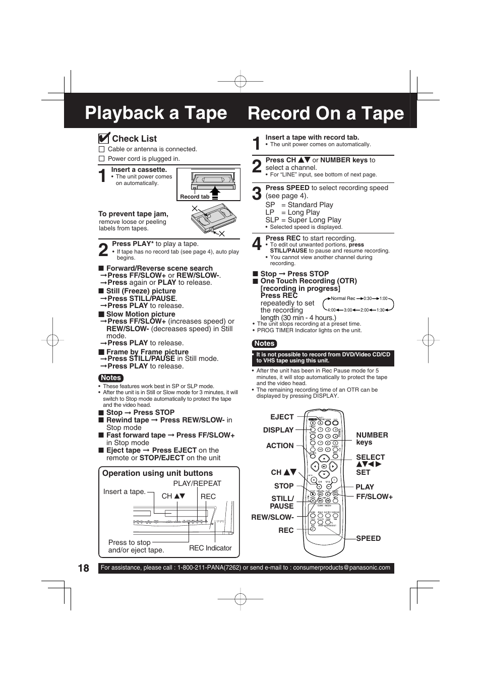 Basic operation, Playback a tape, Record on a tape | Record on a tape playback a tape 1 | Panasonic PV DM2093 User Manual | Page 18 / 76
