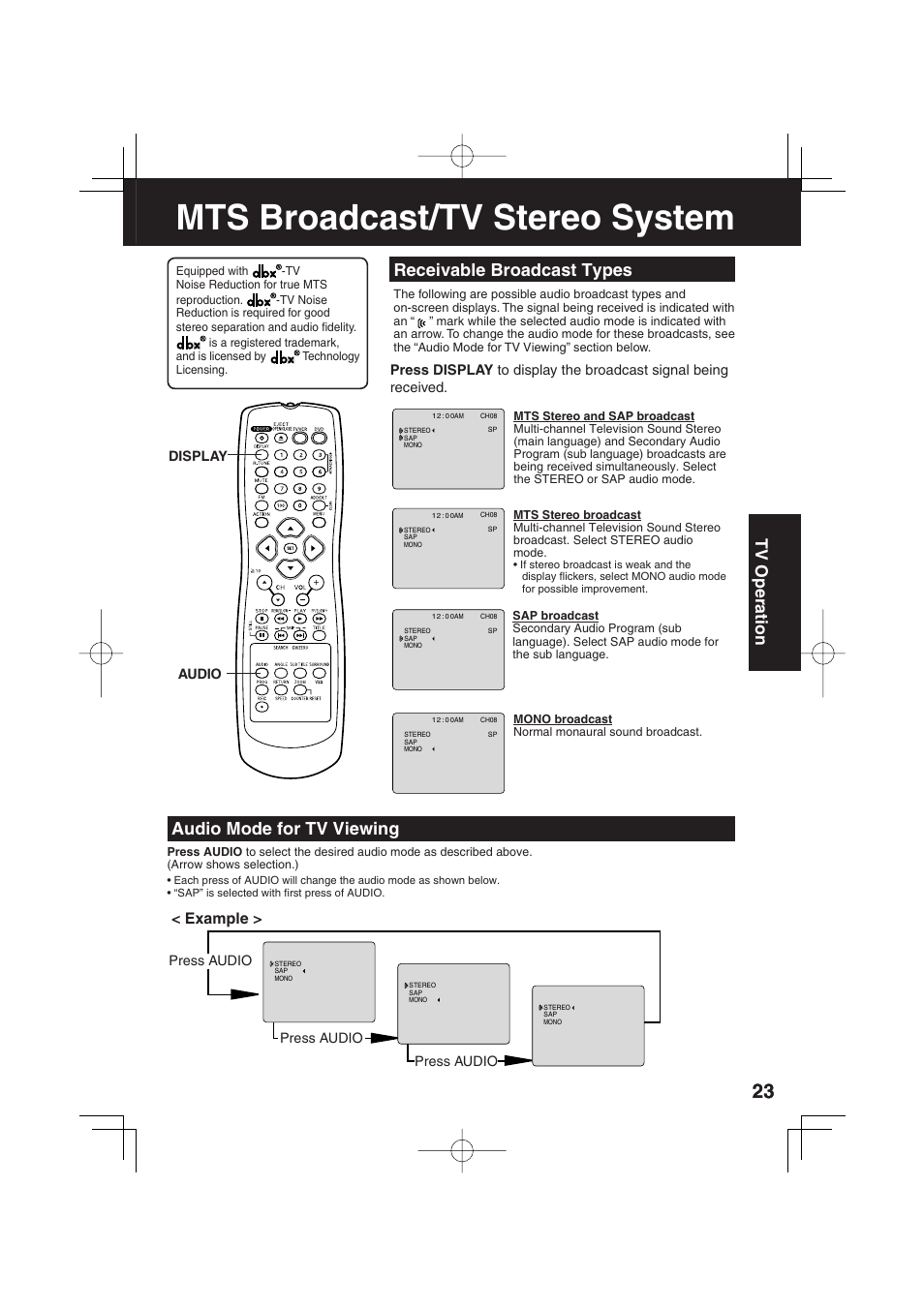 Mts broadcast/tv stereo system, Receivable broadcast types, Audio mode for tv viewing | Tv operation, Example | Panasonic PV DM2093 User Manual | Page 23 / 76
