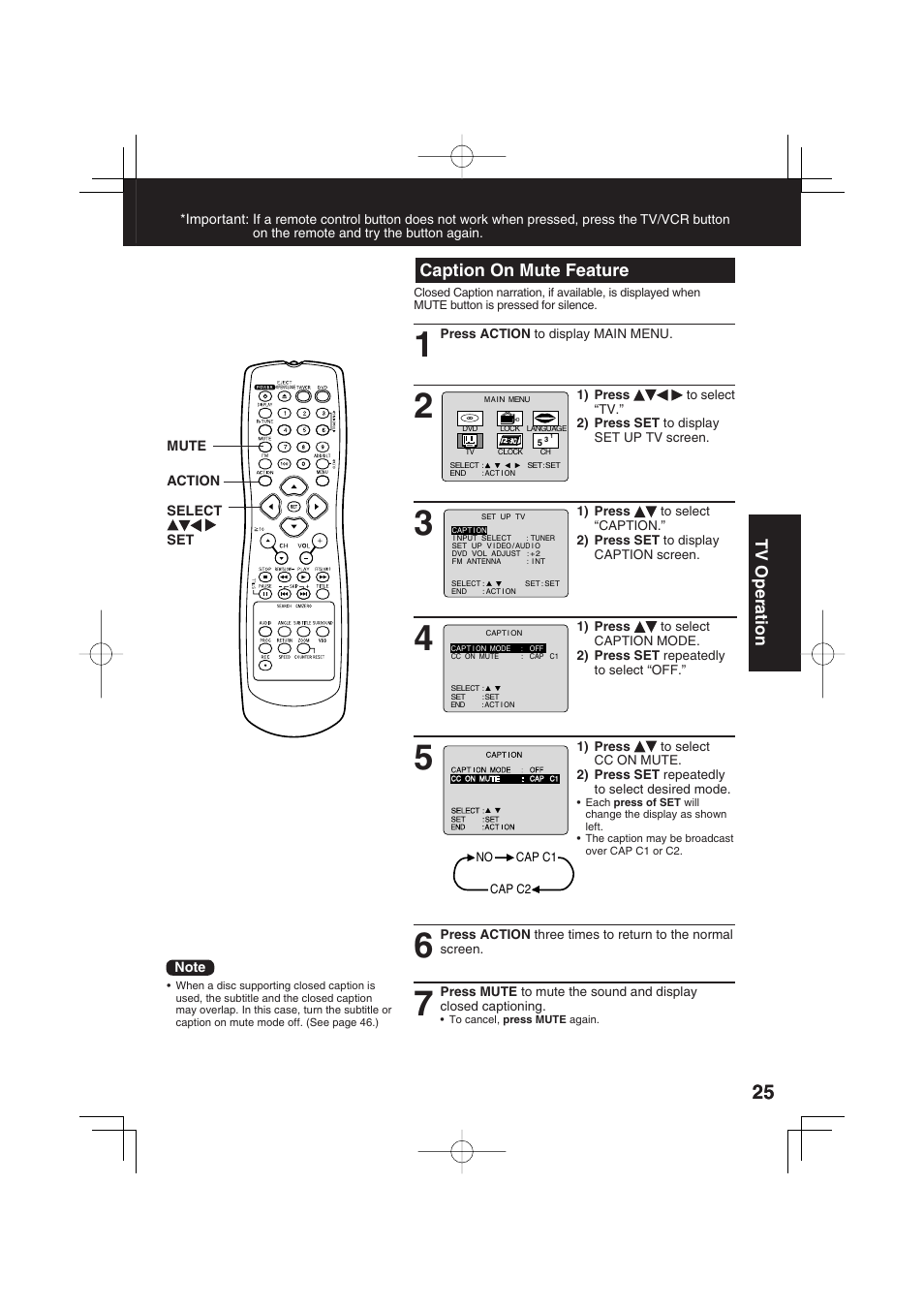 Caption on mute feature, Tv operation | Panasonic PV DM2093 User Manual | Page 25 / 76