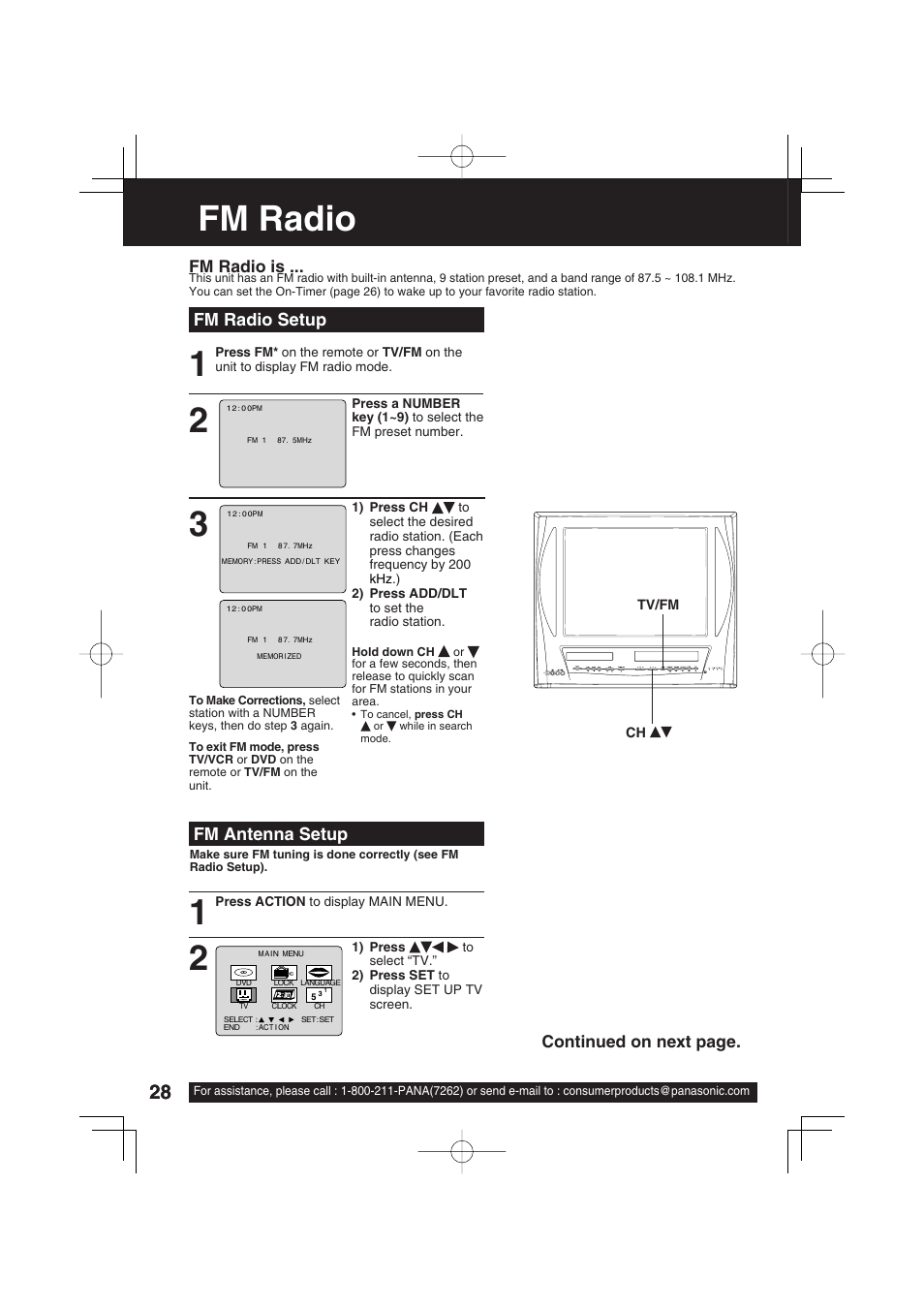 Fm radio, Fm radio setup, Fm antenna setup | Fm radio is, Continued on next page | Panasonic PV DM2093 User Manual | Page 28 / 76