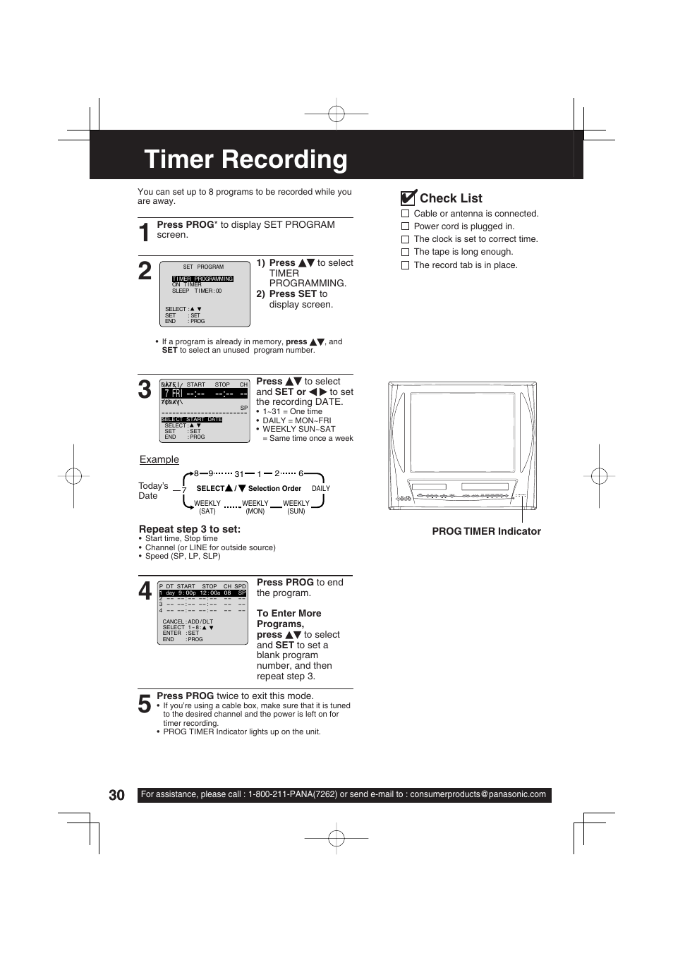 Timer operation, Timer recording, Check list | Panasonic PV DM2093 User Manual | Page 30 / 76