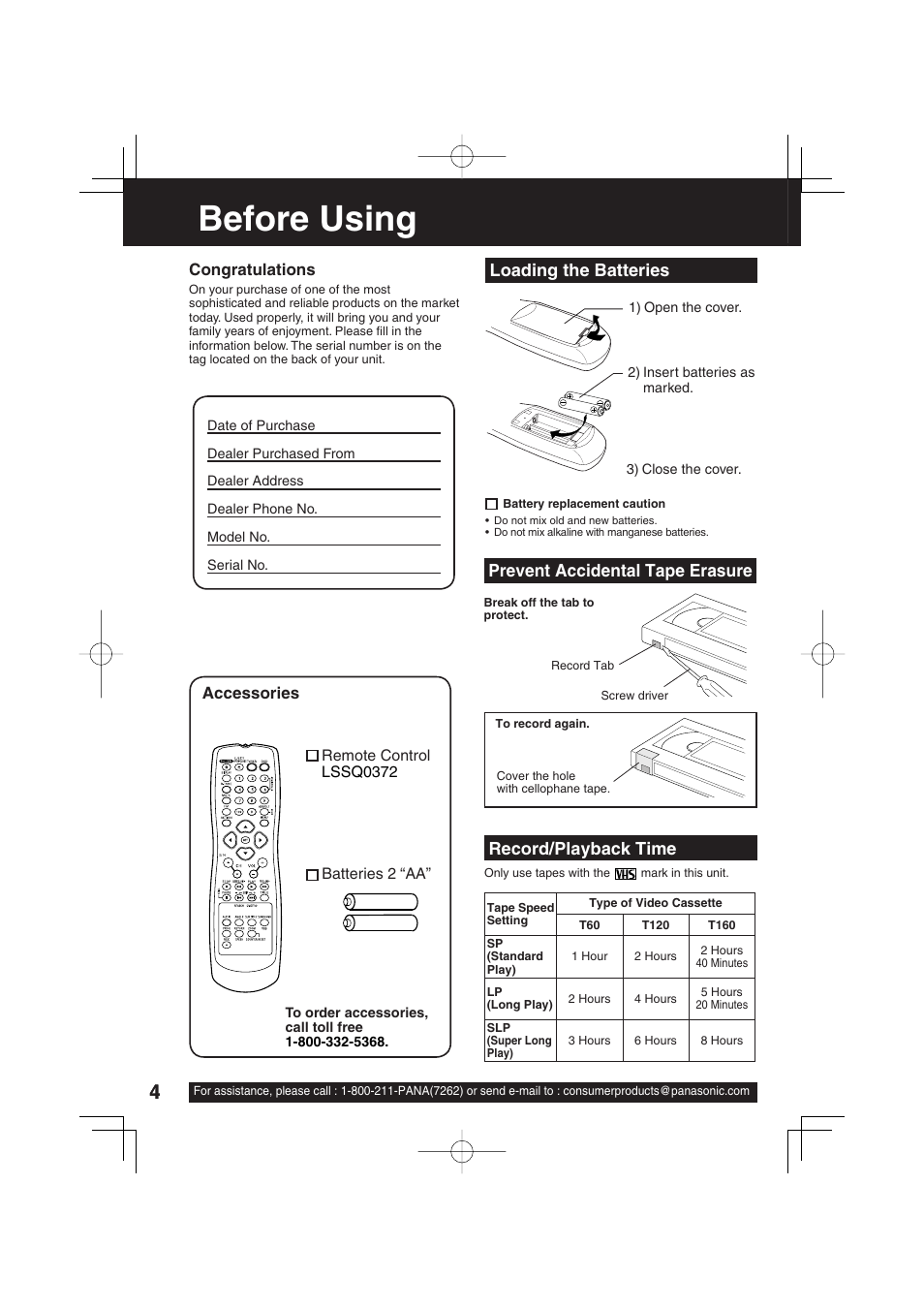 Before using, Record/playback time, Loading the batteries | Prevent accidental tape erasure | Panasonic PV DM2093 User Manual | Page 4 / 76