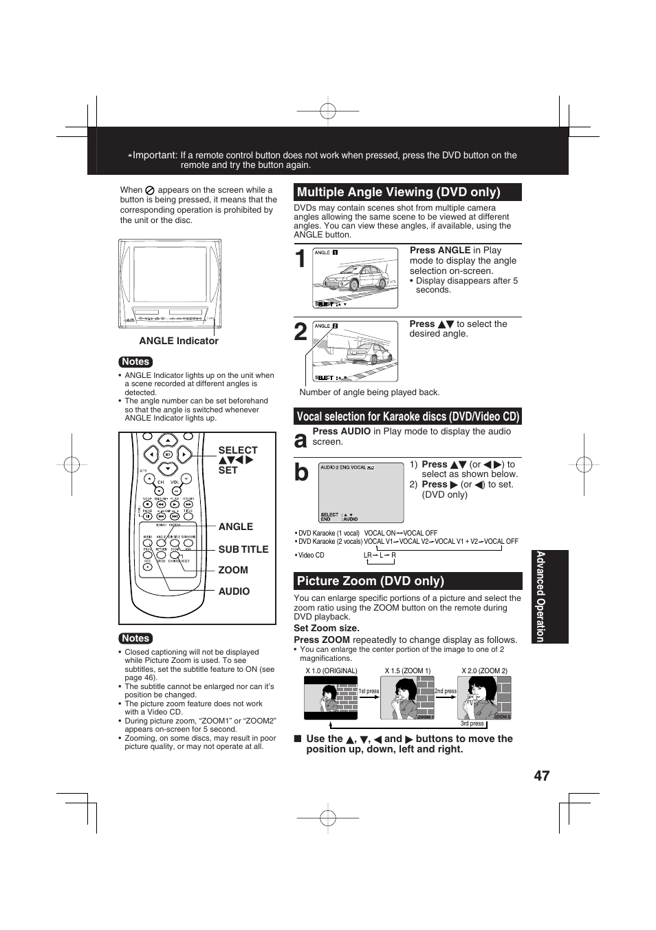 Vocal selection for karaoke discs (dvd/video cd), Multiple angle viewing (dvd only), Picture zoom (dvd only) | Panasonic PV DM2093 User Manual | Page 47 / 76