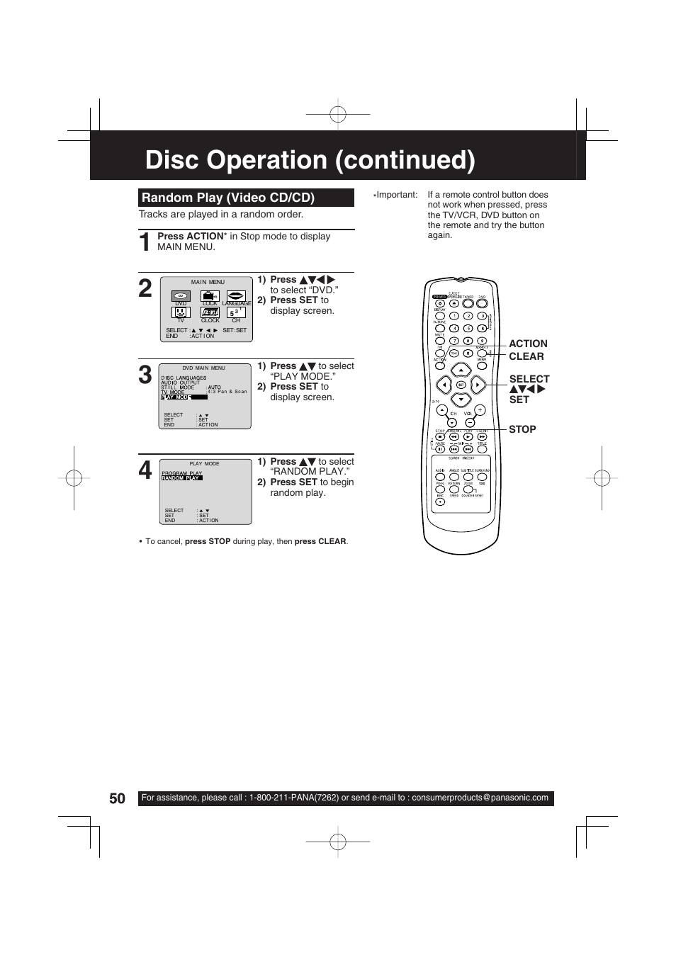 Disc operation (continued), Random play (video cd/cd) | Panasonic PV DM2093 User Manual | Page 50 / 76