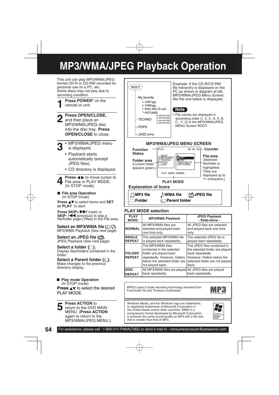 Mp3/wma/jpeg playback operation | Panasonic PV DM2093 User Manual | Page 54 / 76