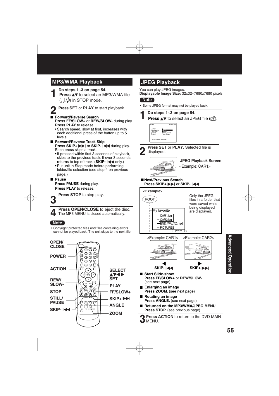 Mp3/wma playback jpeg playback | Panasonic PV DM2093 User Manual | Page 55 / 76