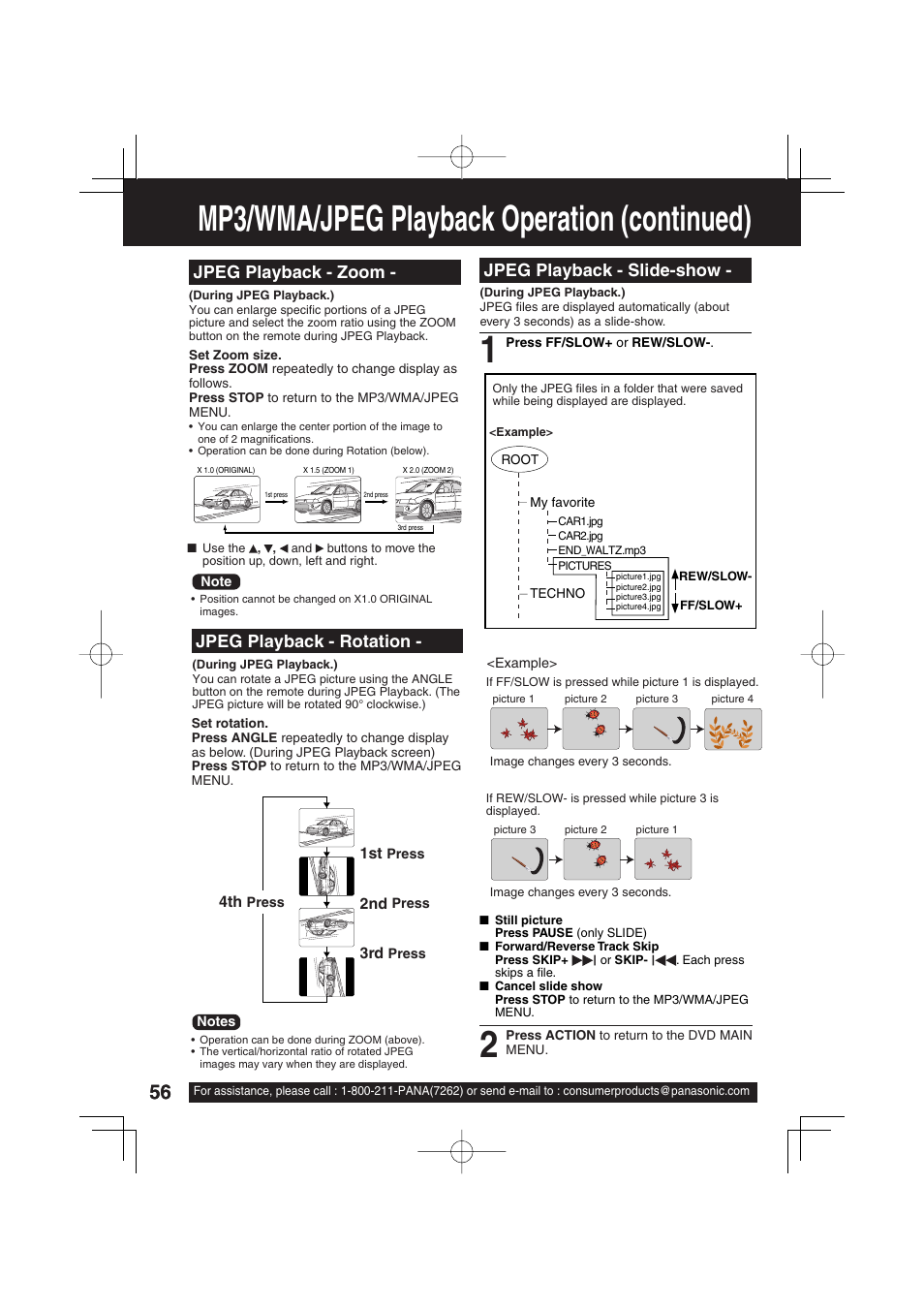 Mp3/wma/jpeg playback operation (continued), Jpeg playback - slide-show, Jpeg playback - zoom - jpeg playback - rotation | Panasonic PV DM2093 User Manual | Page 56 / 76