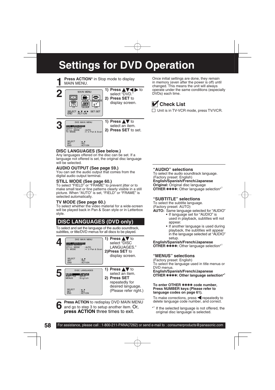 For your information, Settings for dvd operation, Disc languages (dvd only) | Check list, Or, press action three times to exit | Panasonic PV DM2093 User Manual | Page 58 / 76