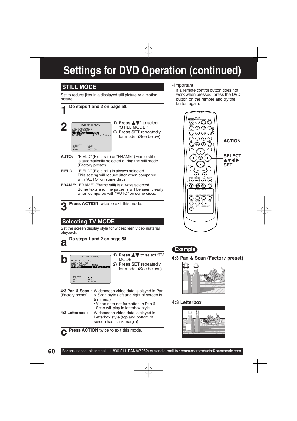 Settings for dvd operation (continued), Still mode, Selecting tv mode | Panasonic PV DM2093 User Manual | Page 60 / 76