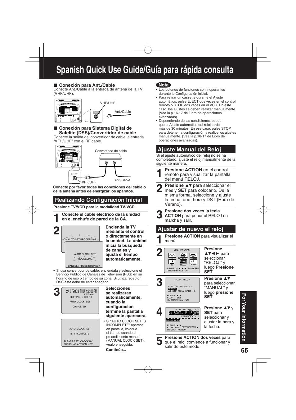 Spanish quick use guide/guia para rapida consulta, Spanish quick use guide/guía para rápida consulta, Realizando confi guración inicial | Ajustar de nuevo el reloj, Ajuste manual del reloj | Panasonic PV DM2093 User Manual | Page 65 / 76