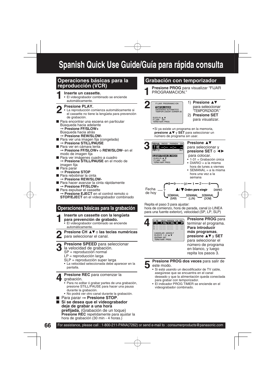 Spanish quick use guide/guía para rápida consulta, Operaciones básicas para la reproducción (vcr), Operaciones básicas para la grabación | Grabación con temporizador | Panasonic PV DM2093 User Manual | Page 66 / 76
