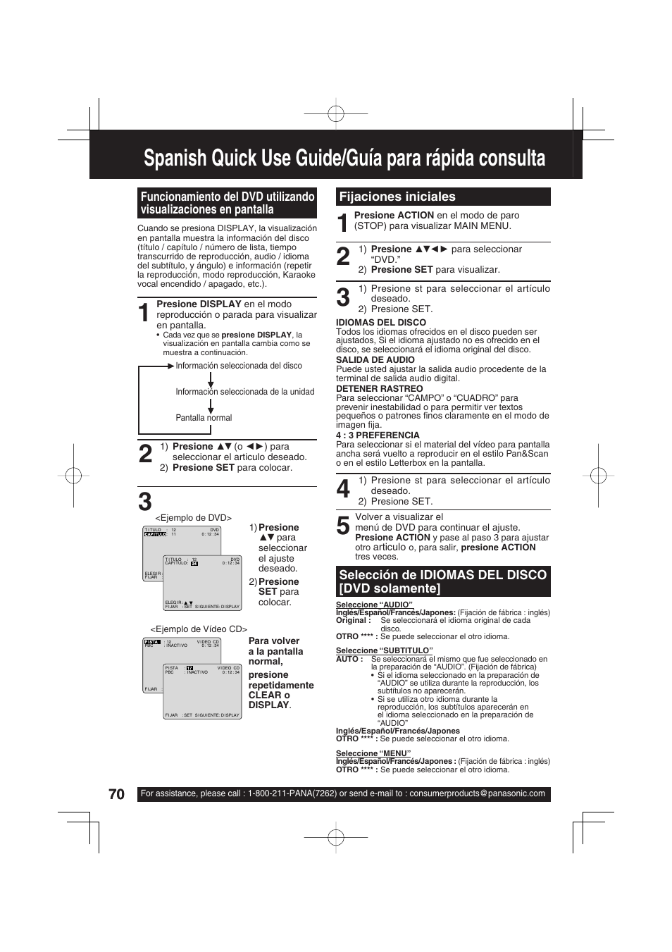 Spanish quick use guide/guía para rápida consulta, Selección de idiomas del disco [dvd solamente, Fijaciones iniciales | Panasonic PV DM2093 User Manual | Page 70 / 76