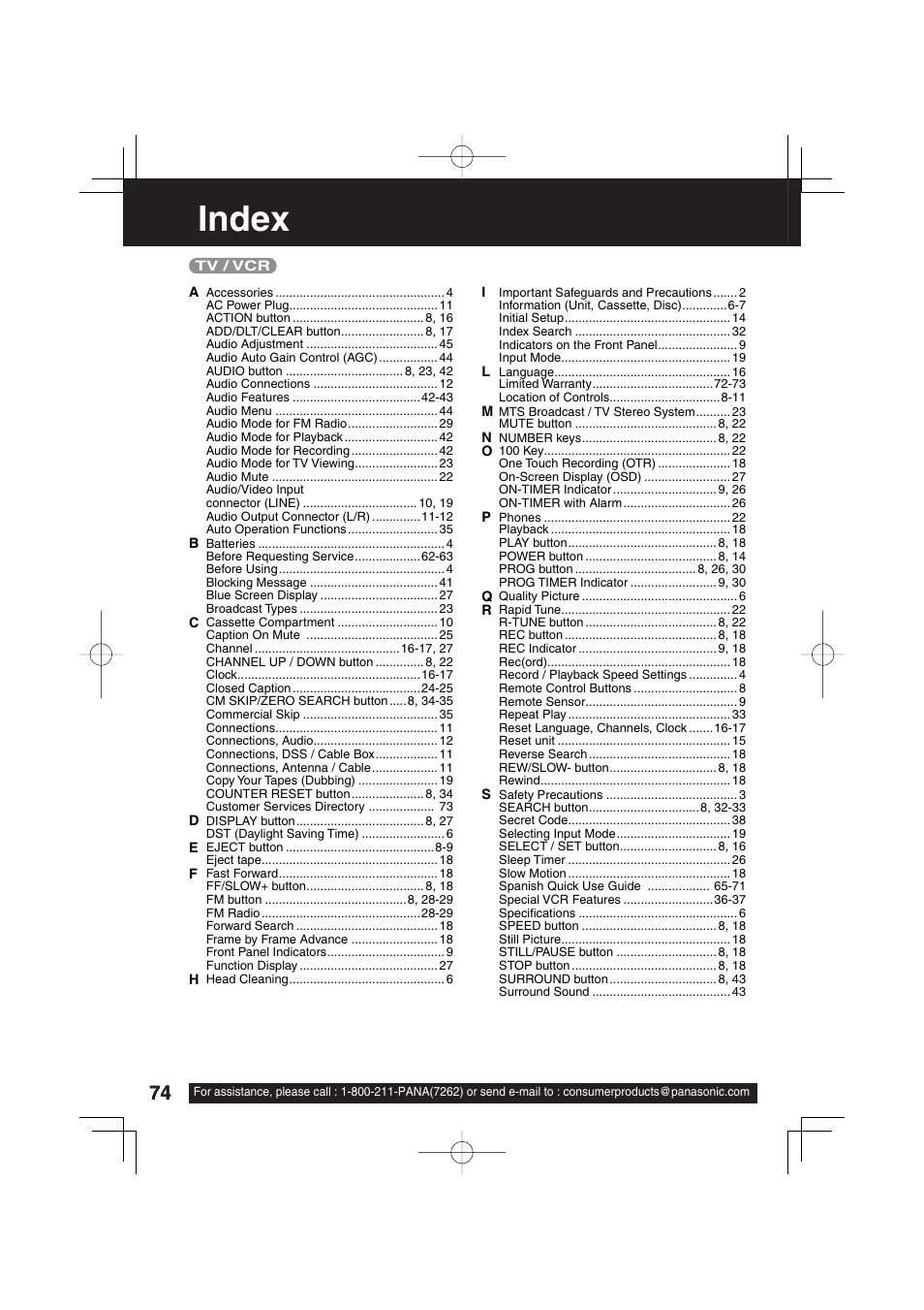 Index | Panasonic PV DM2093 User Manual | Page 74 / 76