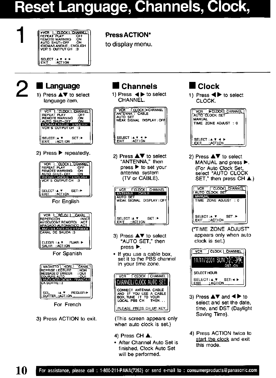 Press action, Reset language, channels, clock, Language | Channels, Clock, Press action* to display menu, Chaiel/clock auto set, D "c | Panasonic OMNIVISION VHS PV-V4521 User Manual | Page 10 / 32
