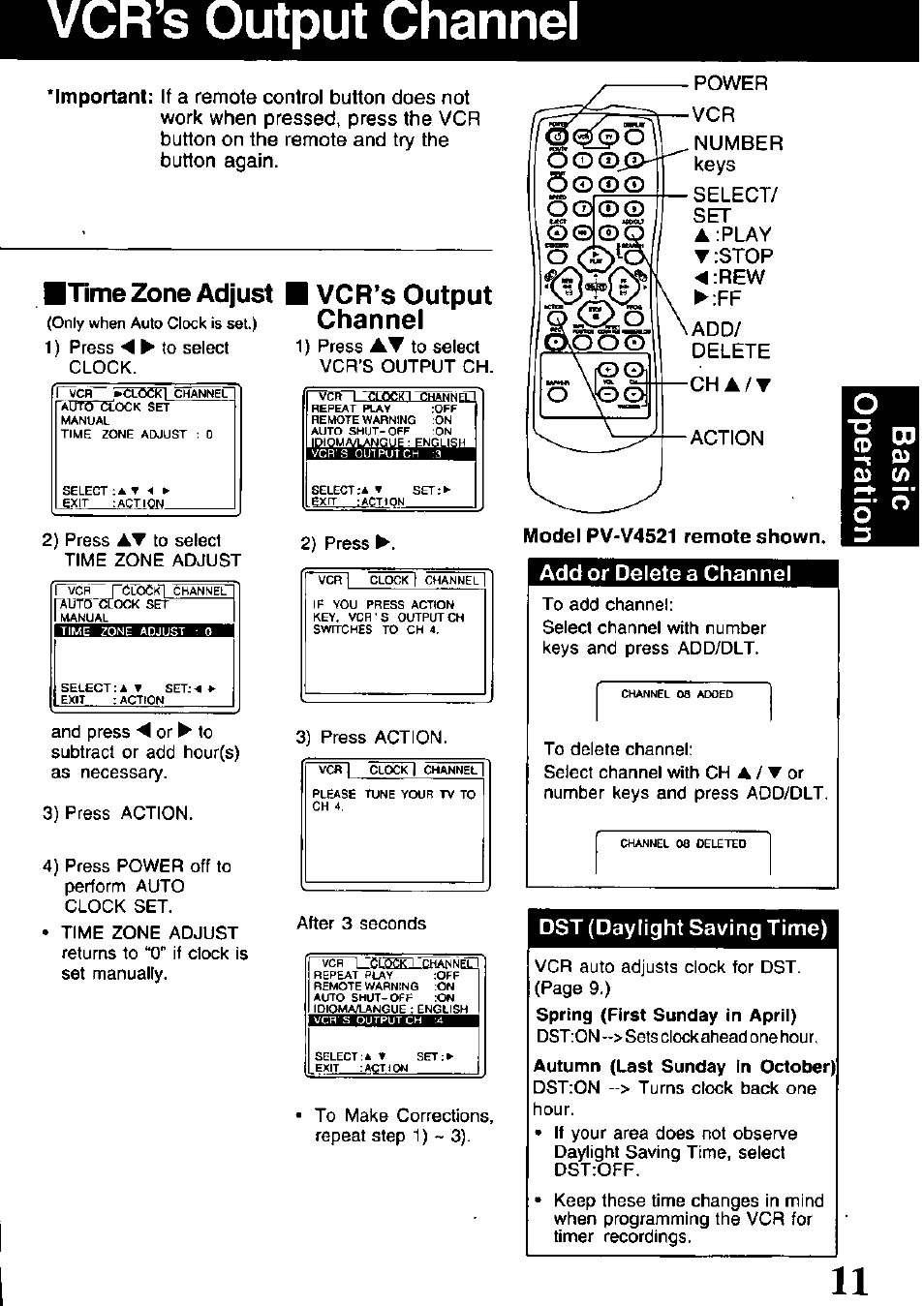 Dst (daylight saving time), S output channel, Time zone adjust | Vcr’s output channel, Loqi, Add or delete a channel, Power ■vcr number keys select/ set a:play, Stop ◄ :rew ► :ff .add/ delete ■ch, Action model pv-v4521 remote shown | Panasonic OMNIVISION VHS PV-V4521 User Manual | Page 11 / 32