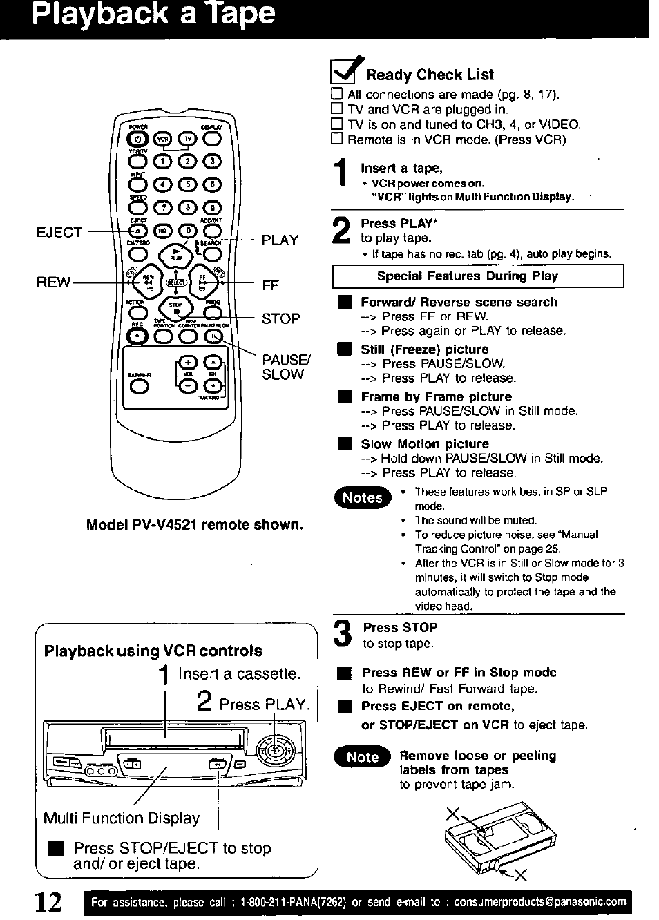 Playback a tape, Ready check list, Playback using vcr controls | Ce) o, O o © cd | Panasonic OMNIVISION VHS PV-V4521 User Manual | Page 12 / 32