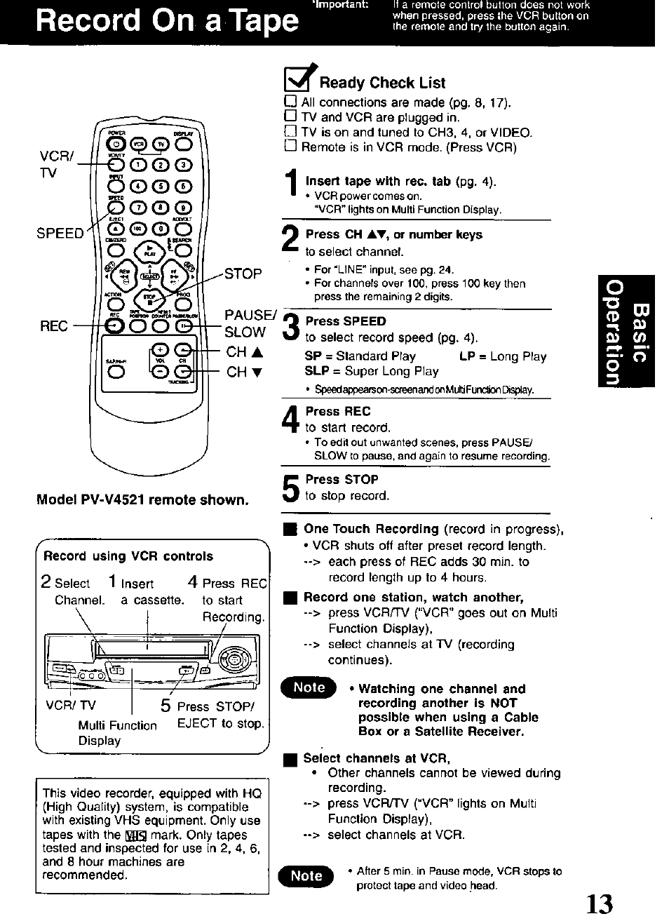 Record on a tape, O © © o, O© © o | O o o © s o, Ready check list, Model pv-v4521 remote shown | Panasonic OMNIVISION VHS PV-V4521 User Manual | Page 13 / 32