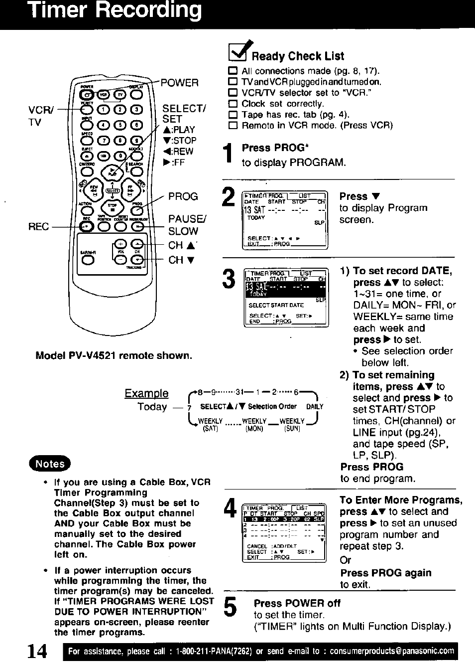 Timer recording, Ready check list, Timer recording ,15 | Cdoo, S o 0 o | Panasonic OMNIVISION VHS PV-V4521 User Manual | Page 14 / 32