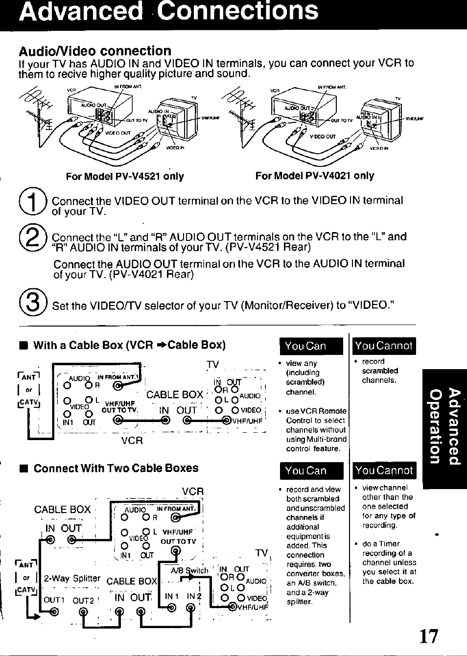 Audioa^ideo connection, With a cable box (vcr -^cable box), Connect with two cable boxes | Advanced connections, O or, Video, Vhf/uhf, R® h, You can, You cannot | Panasonic OMNIVISION VHS PV-V4521 User Manual | Page 17 / 32
