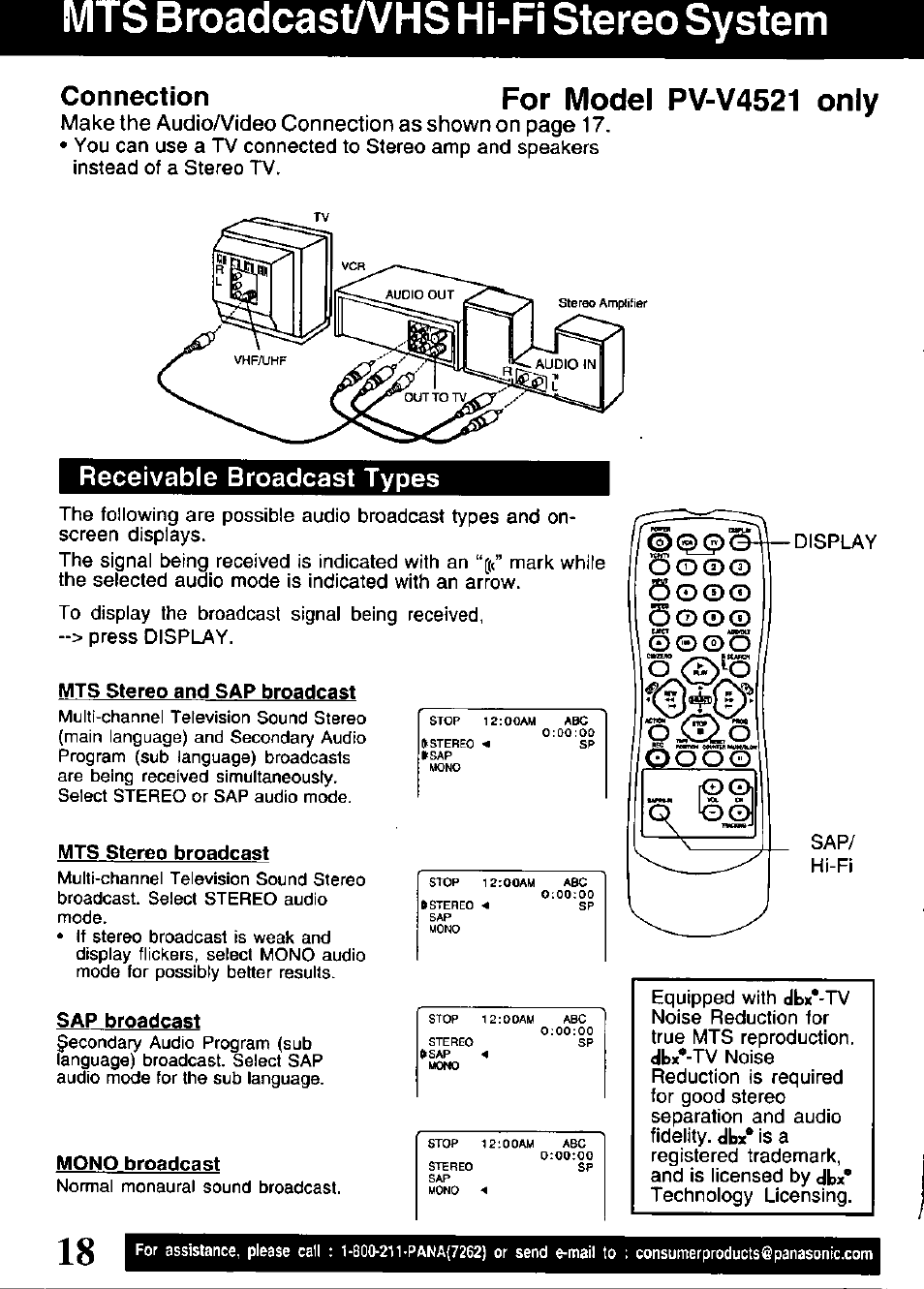 Broadcast/vhs hi-fi stereo system, Only, Receivable broadcast types | Mts broadcast/ vhs hi-fi stereo system ,19, O <2)^0, For model pv-v4521, Itilfcì, Connection, Only receivable broadcast types, O ® ® o | Panasonic OMNIVISION VHS PV-V4521 User Manual | Page 18 / 32