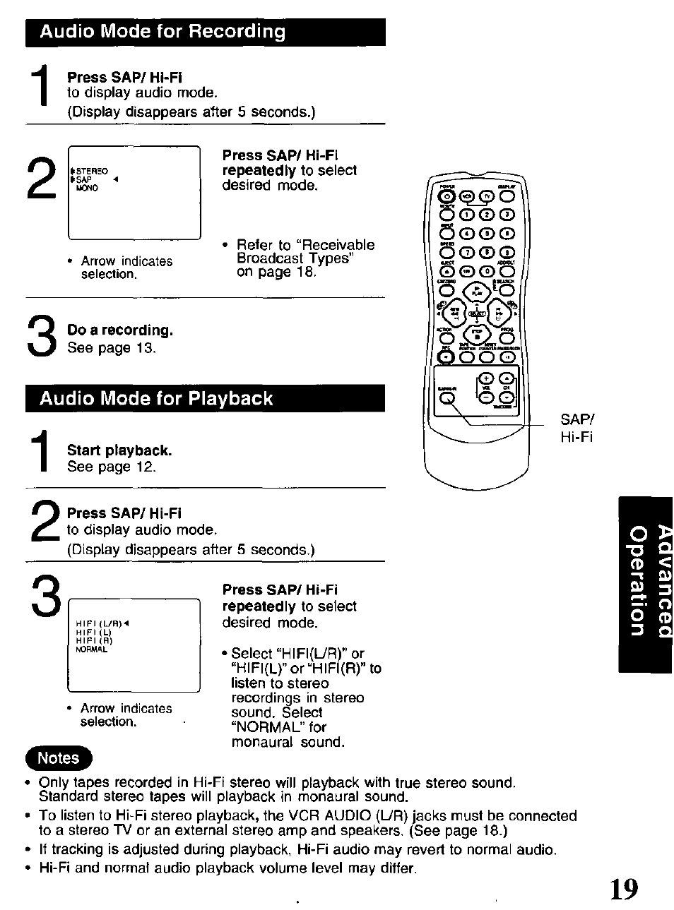 Audio mode for recording, Audio mode for playback | Panasonic OMNIVISION VHS PV-V4521 User Manual | Page 19 / 32
