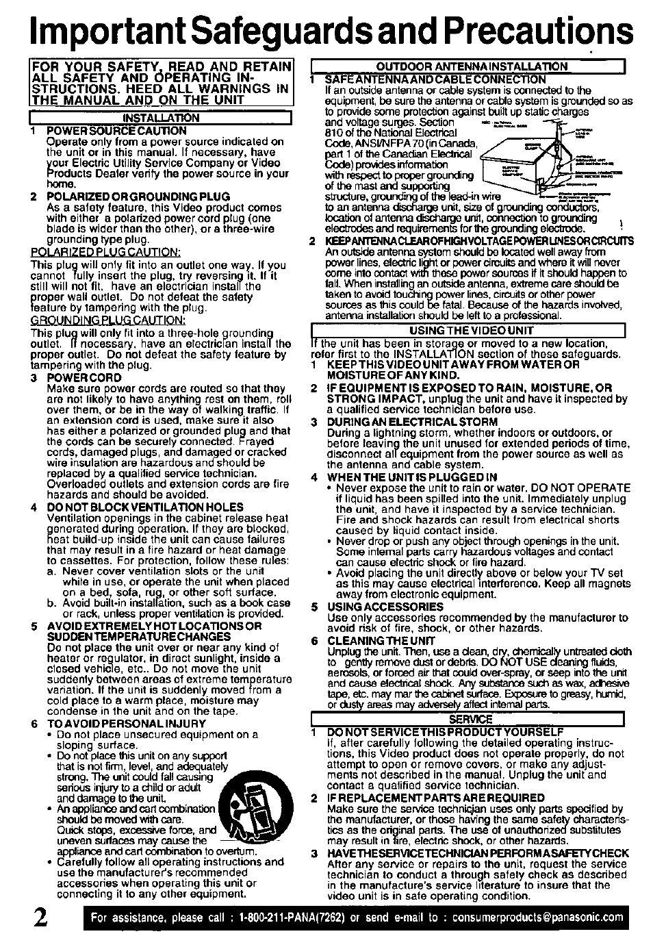 Important safeguards and precautions | Panasonic OMNIVISION VHS PV-V4521 User Manual | Page 2 / 32