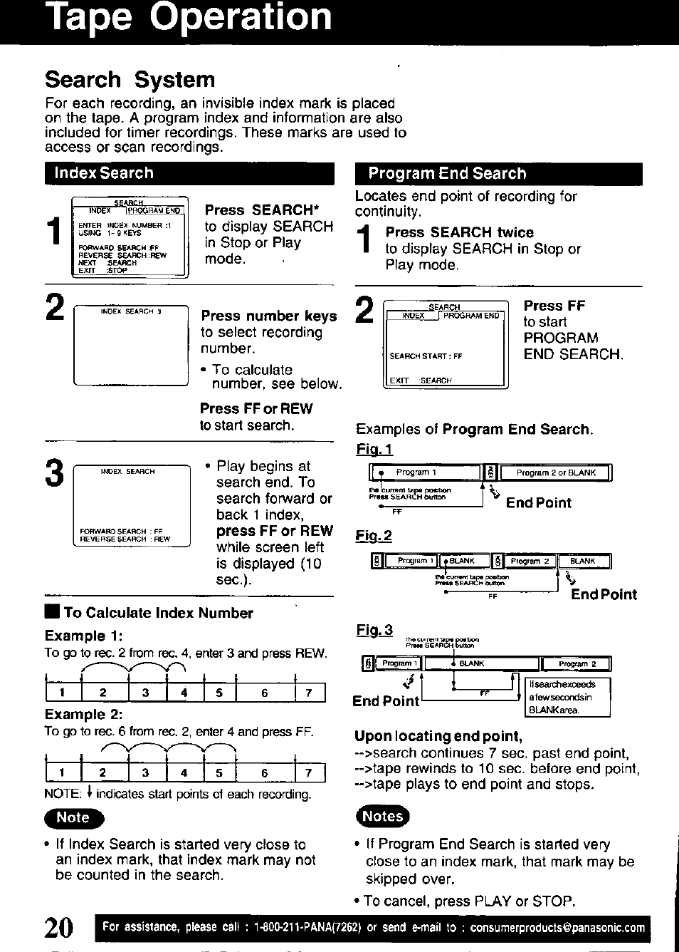 Search system, Index search, Tape operation | Program end search | Panasonic OMNIVISION VHS PV-V4521 User Manual | Page 20 / 32