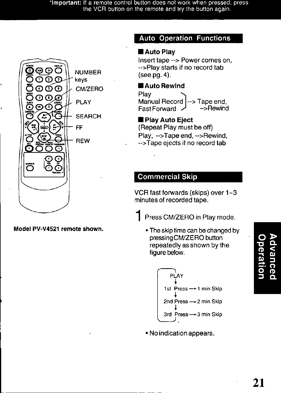 Auto operation functions, Commercial skip | Panasonic OMNIVISION VHS PV-V4521 User Manual | Page 21 / 32