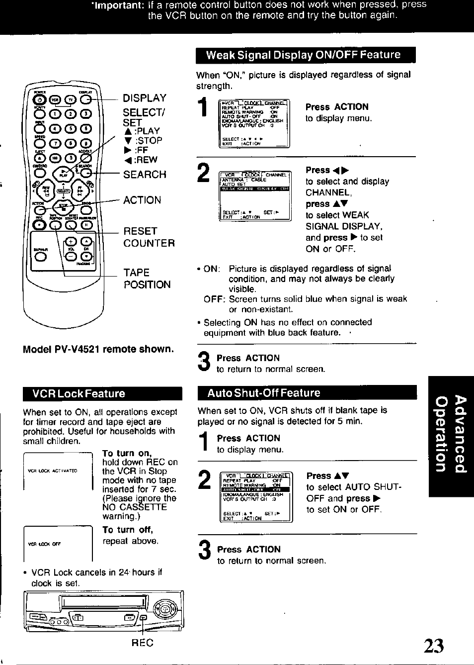 Weak signal display on/off feature, Vcr lock feature, Auto shut-off feature | 5ooo | Panasonic OMNIVISION VHS PV-V4521 User Manual | Page 23 / 32