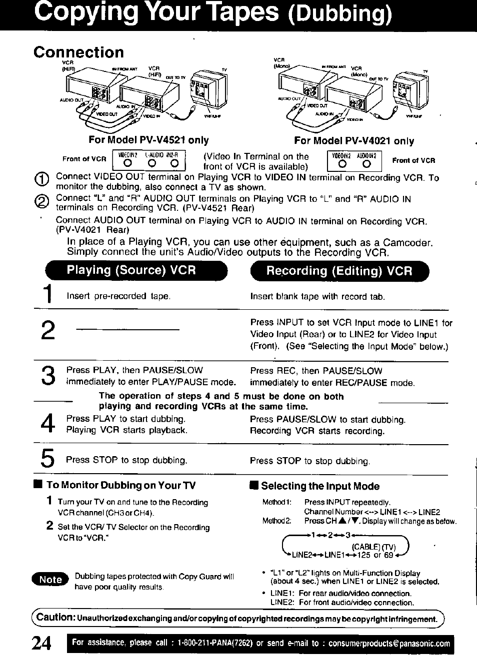 Opying your tapes, Dubbing), Connection | Playing (source) vcr, Recording (editing) vcr | Panasonic OMNIVISION VHS PV-V4521 User Manual | Page 24 / 32