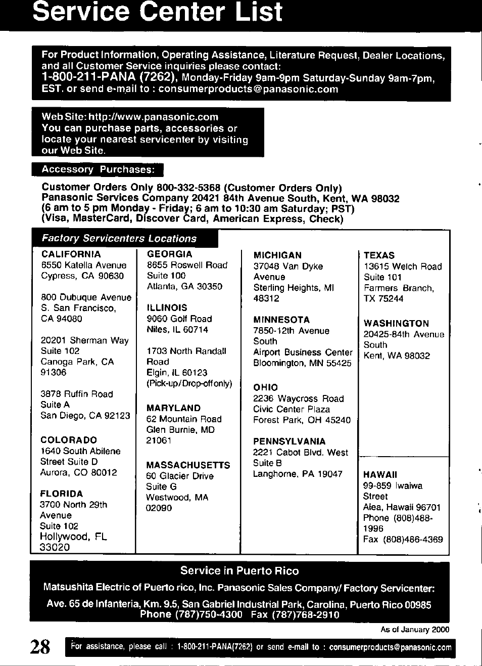 Ervice center list | Panasonic OMNIVISION VHS PV-V4521 User Manual | Page 28 / 32