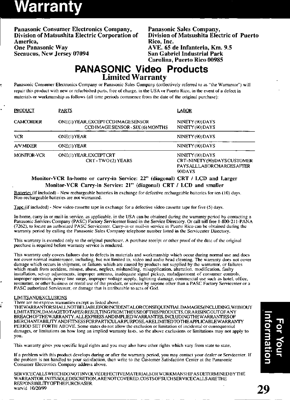 Panasonic video products, Warranty, Limited warranty | Panasonic OMNIVISION VHS PV-V4521 User Manual | Page 29 / 32