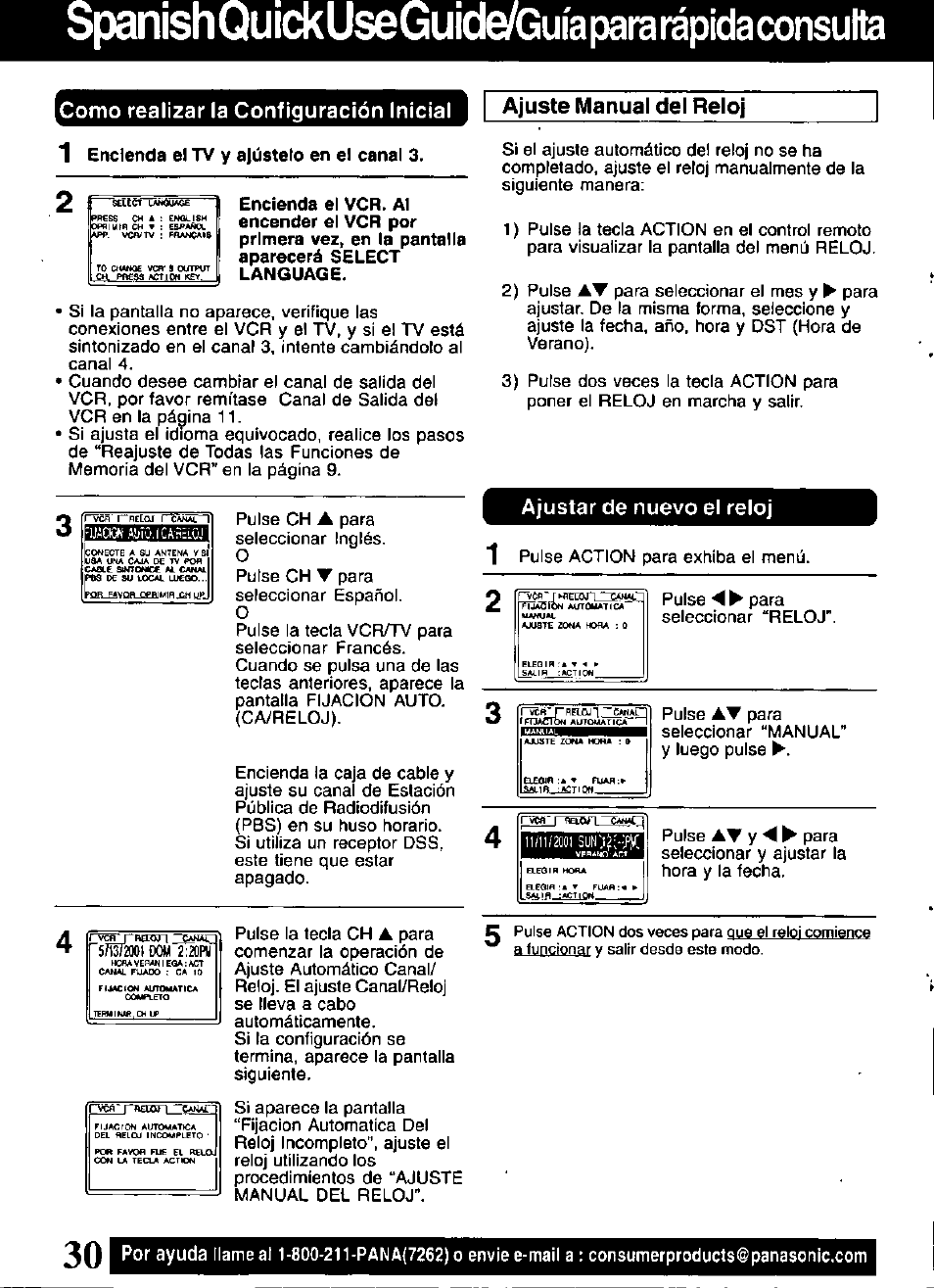 Como realizar la configuración inicial, Ajustar de nuevo el reloj, Spanish quickuseguide/guía para rápida consulta | Ajuste manual del reloj, Rvcñ rrecoj ríáí«(;“i grekffiwmthwii c, Vír ' r ffieiajl, Oom 2:fflpu | Panasonic OMNIVISION VHS PV-V4521 User Manual | Page 30 / 32