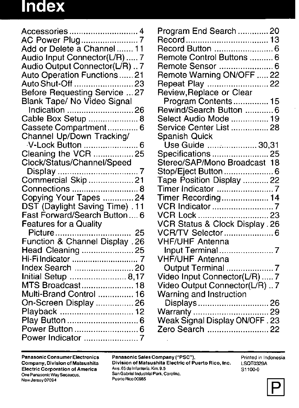 Index | Panasonic OMNIVISION VHS PV-V4521 User Manual | Page 32 / 32