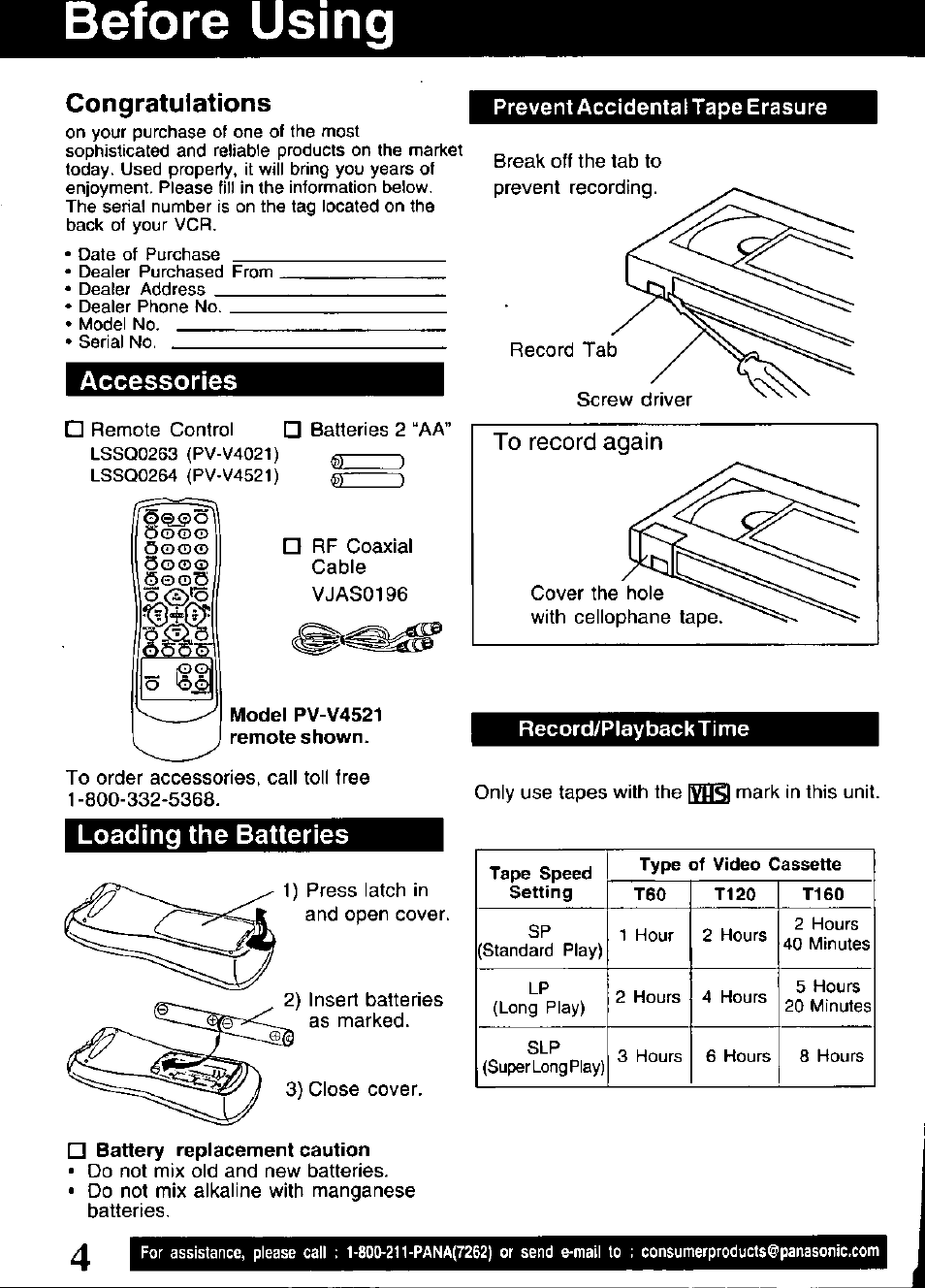 Congratulations, Prevent accidental tape erasure, Accessories | Loading the batteries, Record/playbacktime, Before using | Panasonic OMNIVISION VHS PV-V4521 User Manual | Page 4 / 32