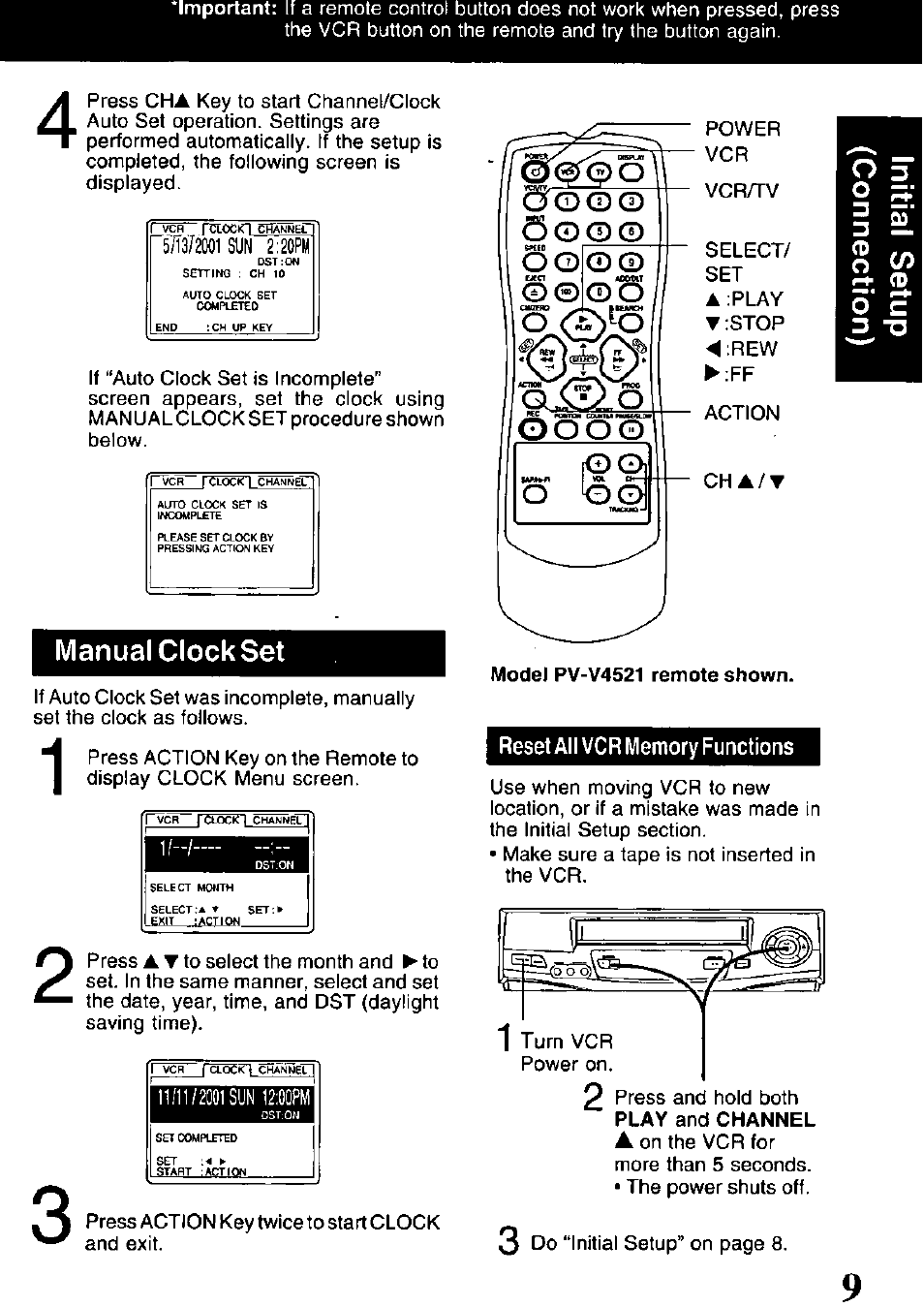 Manual clockset, Qoo0, S cd | Q o o 0 | Panasonic OMNIVISION VHS PV-V4521 User Manual | Page 9 / 32