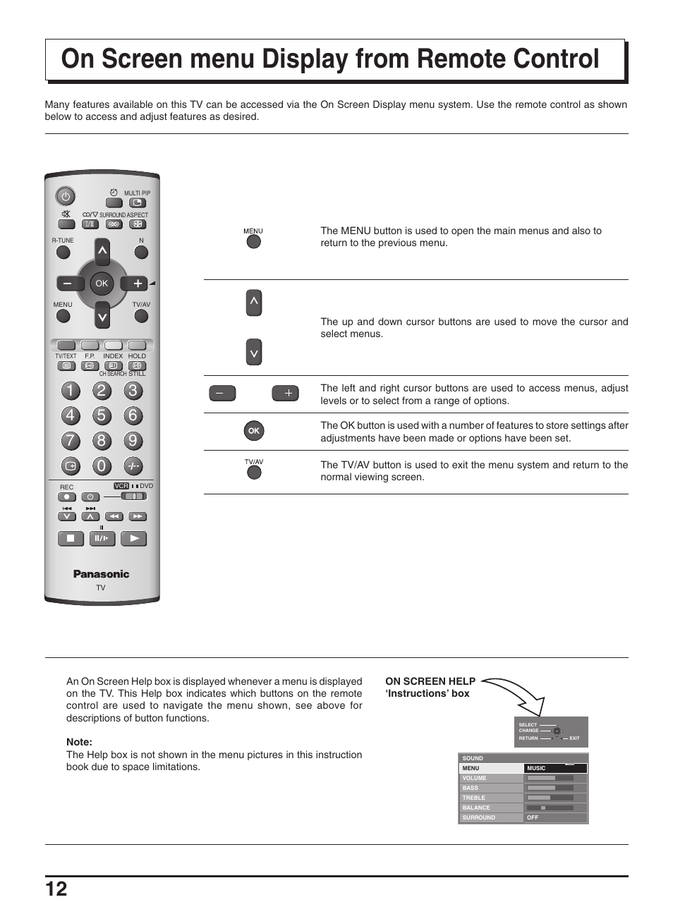 On screen menu display from remote control | Panasonic TX-47P950A User Manual | Page 12 / 39