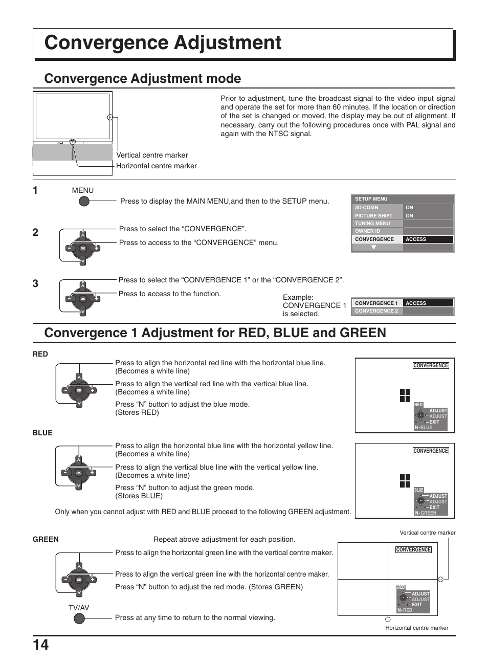 Convergence adjustment, Convergence adjustment mode, Convergence 1 adjustment for red, blue and green | Panasonic TX-47P950A User Manual | Page 14 / 39