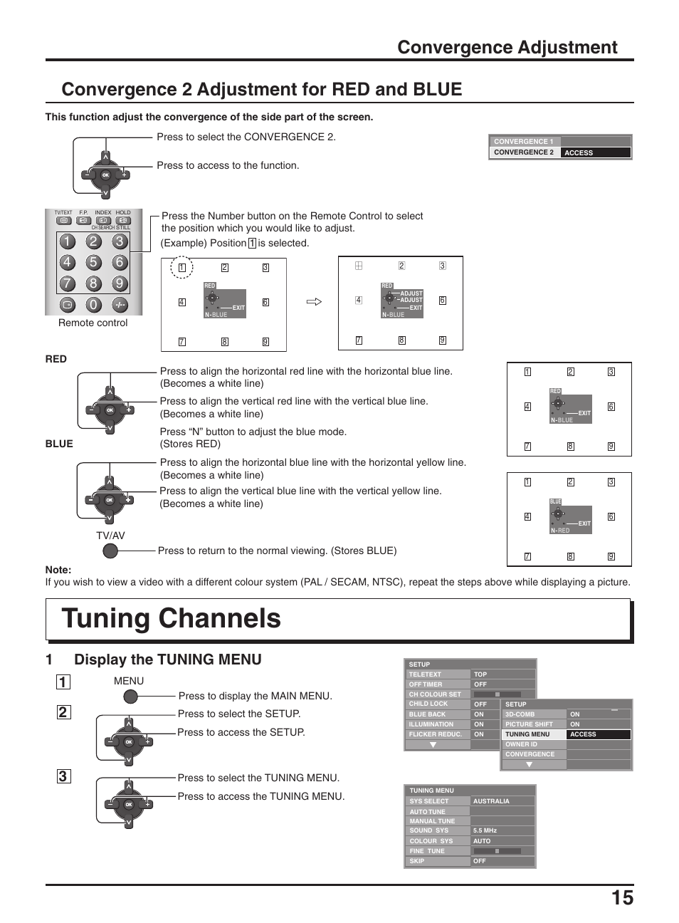 Tuning channels, 23 1 display the tuning menu | Panasonic TX-47P950A User Manual | Page 15 / 39