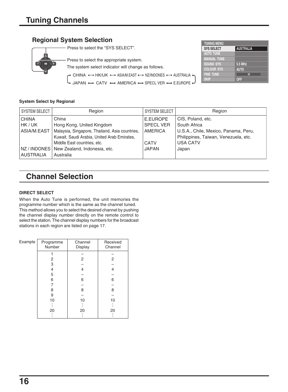 Tuning channels, Channel selection, Regional system selection | Panasonic TX-47P950A User Manual | Page 16 / 39