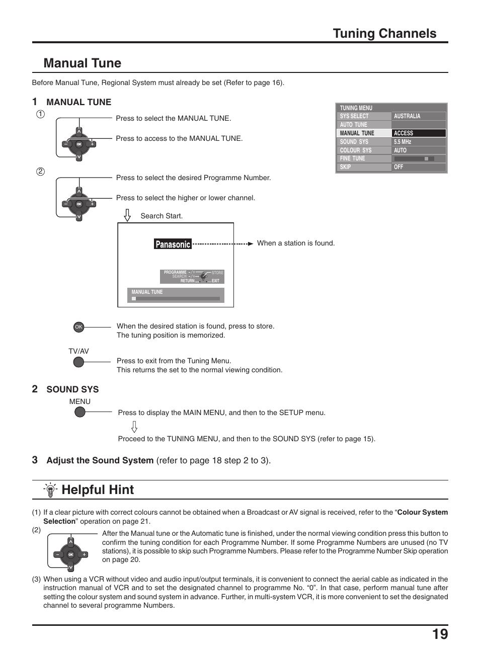 Manual tune tuning channels, Helpful hint | Panasonic TX-47P950A User Manual | Page 19 / 39