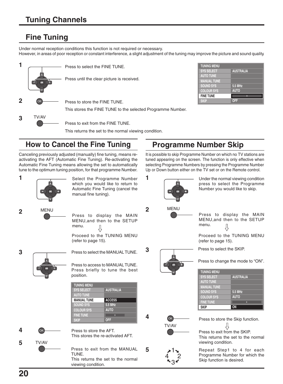 Tuning channels fine tuning, How to cancel the fine tuning, Programme number skip | Panasonic TX-47P950A User Manual | Page 20 / 39