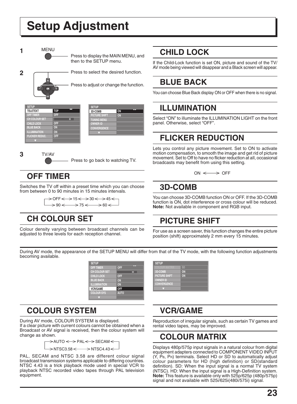 Setup adjustment, Off timer, Ch colour set | Child lock, Blue back, Illumination, Flicker reduction, 3d-comb, Picture shift, Colour matrix | Panasonic TX-47P950A User Manual | Page 23 / 39