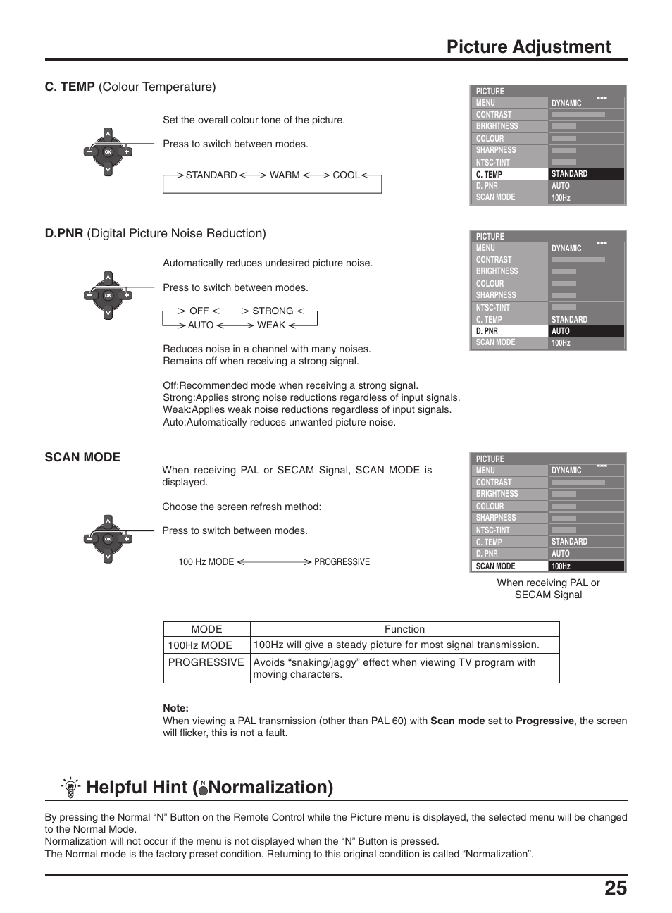 Picture adjustment, Helpful hint, Normalization) | Panasonic TX-47P950A User Manual | Page 25 / 39