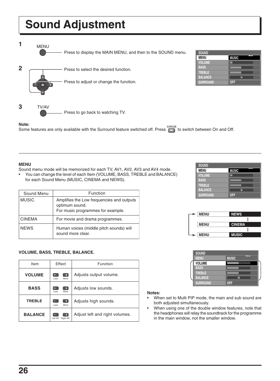 Sound adjustment | Panasonic TX-47P950A User Manual | Page 26 / 39