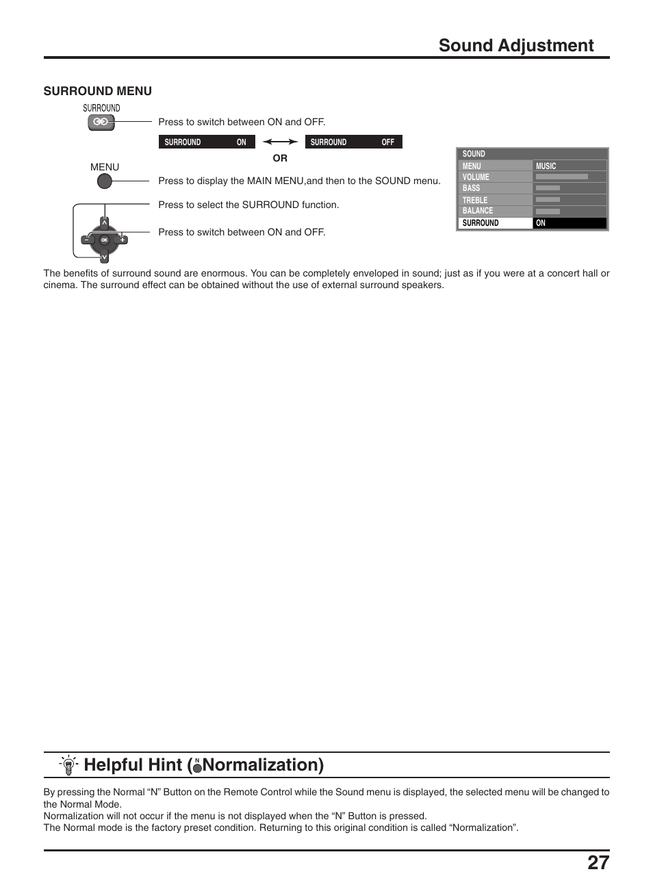 Sound adjustment, Helpful hint, Normalization) | Panasonic TX-47P950A User Manual | Page 27 / 39